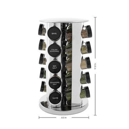 Kamenstein Organizador Giratorio de Torre para encimera de 20 tarros con recambios de Especias Gratis para 5 años, Acero Inoxidable Pulido con Tapas Negras