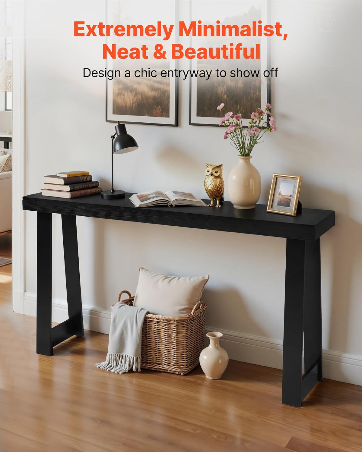 VEVOR Mesa Consola Moderna, Mesa Auxiliar Rectangular para Colocar Detrás del Sofá, 140 x 30,5 x 81 cm, Fabricada en Panel Multicapa, para Recibidor, Dormitorio, Sala de Estar, Negro, Carga 50 kg