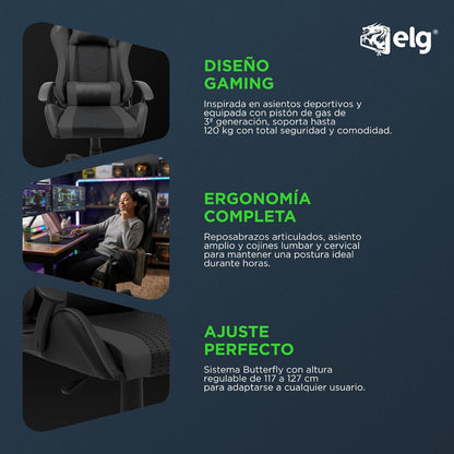 Silla ergonómica para Juegos Syrax con Ajuste de Altura y Estructura Reforzada Que soporta 120 kg, Negro, CH36BK, ELG