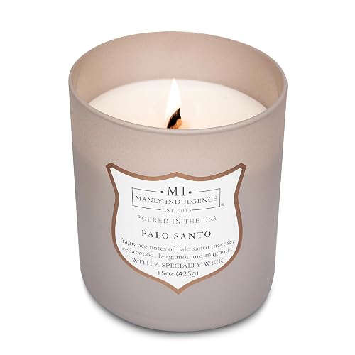 Manly Indulgence - Velas perfumadas de Palo Santo para hombres, mecha de madera de 15 onzas, cera de mezcla de soja premium, quemaduras de 60 horas, velas perfumadas para el hogar, fabricadas en los