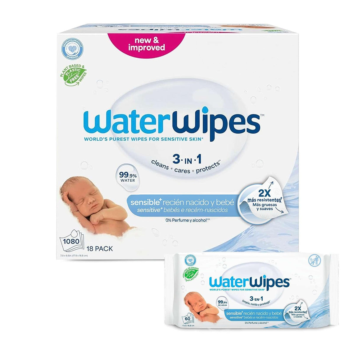 WATERWIPES, Toallitas Húmedas Originales para Bebés, Limpieza y Comodidad, Hipoalergénicas, 18 Paquetes Incluidos