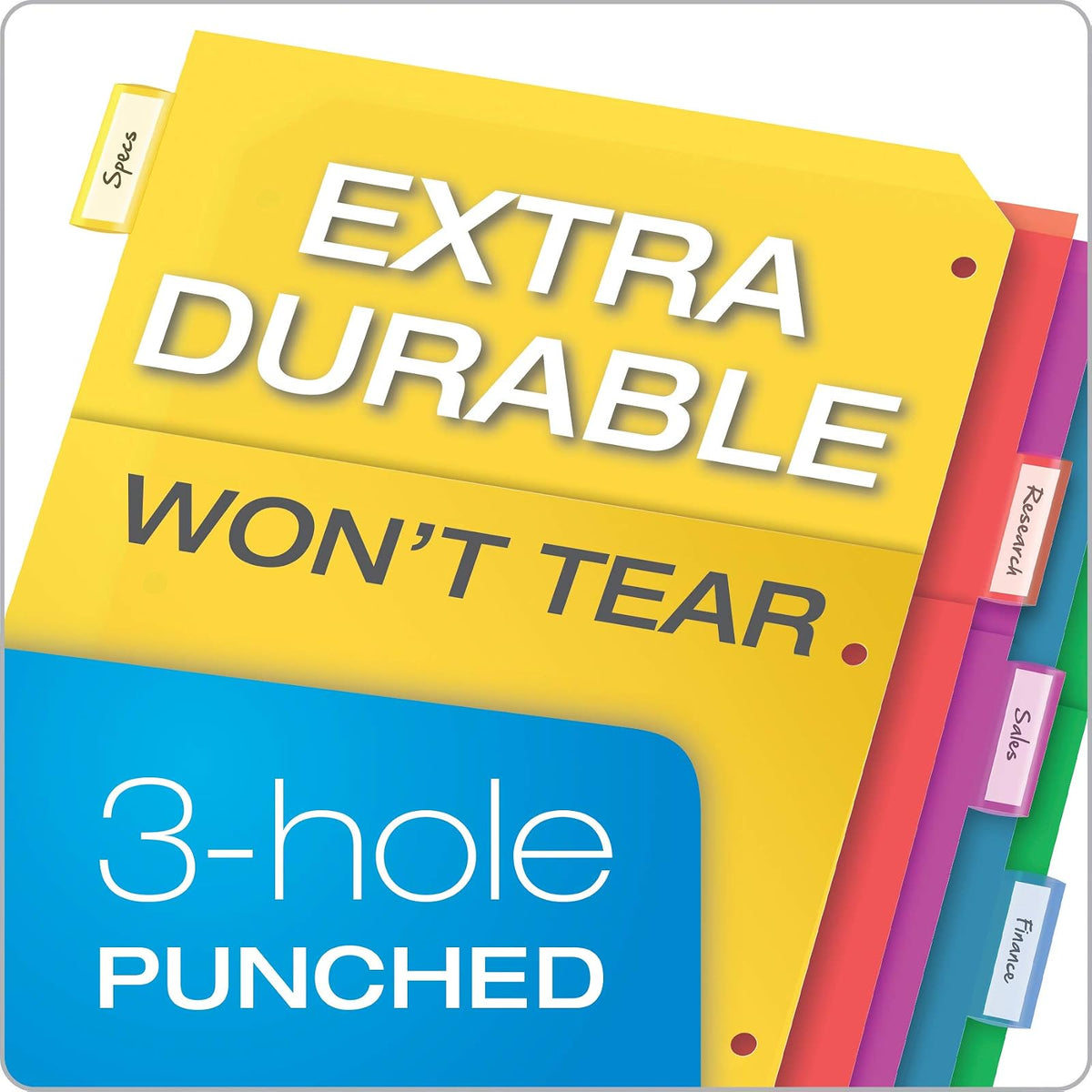Oxford 89602 divisores de plástico de 2 bolsillos, corte de 5 lengüetas 1/5, juego de pestañas grandes multicolor, divisores insertables con inserciones de papel, tamaño carta, 3 juegos