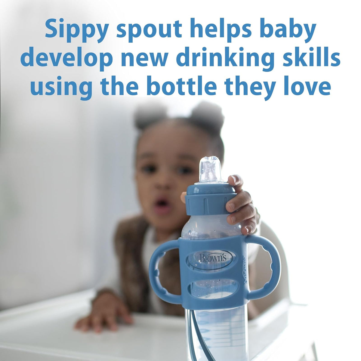 Dr. Brown's Milestones - Botella estrecha para beber con asas 100% de silicona, botella de fácil agarre con boquilla suave, 8 onzas/250 ml, última intervensión de BPA, azul claro, 6 m+