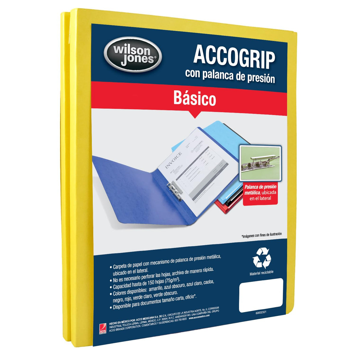 Wilson Jones / Carpeta con Mecanismo de Palanca Accopress&Accogrip Folder . Carta p/ 150 Hojas. Amarillo 36 pzas. P0964