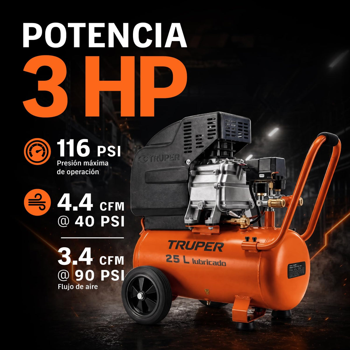 Truper COMP-25LT, Compresor de aire, lubricado, potencia máxima, 3 HP, 120 V, horizontal 25 L