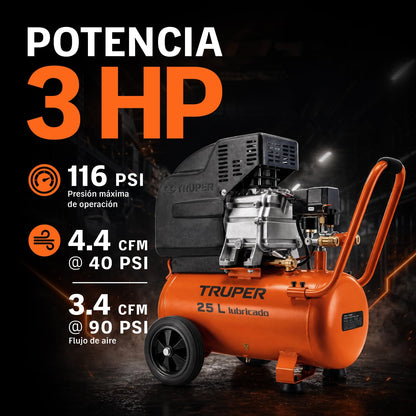Truper COMP-25LT, Compresor de aire, lubricado, potencia máxima, 3 HP, 120 V, horizontal 25 L