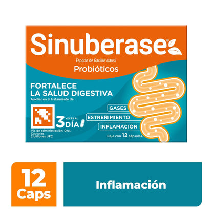 Sinuberase Probióticos 2 billones de UFC 12 Cápsulas. Fortalece la Salud Digestiva. Auxiliar en el Tratamiento de Inflamación, Gases y Estreñimiento. Restaura el Equilibrio de la Flora Intestinal
