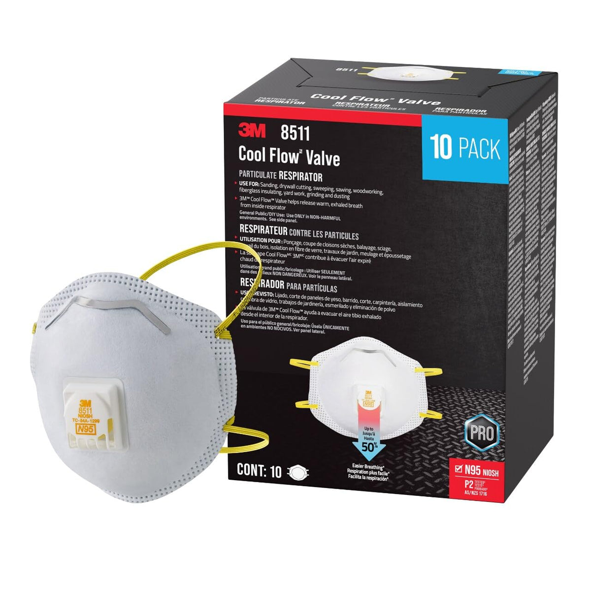 3M Respirador N95 8511 con Válvula de Exhalación - 10 Count (Pack of 1) - Lijado para paneles de yeso