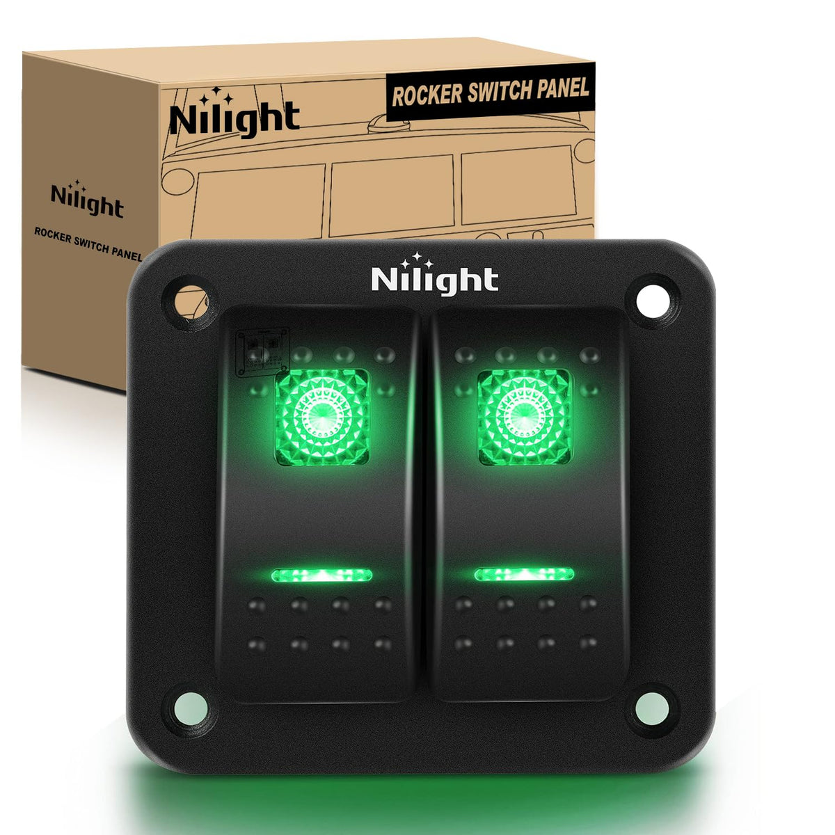 Nilight - Panel de interruptor basculante de 2 bandas de 12 V, 24 V, CC, panel de aluminio, 5 pines, interruptor de palanca precableado, impermeable para coches, barcos, ATV, UTV, 2 años de garantía - Verde