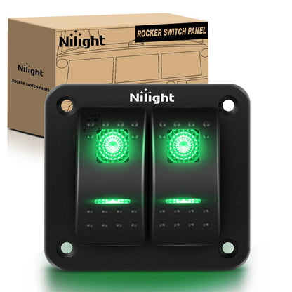 Nilight - Panel de interruptor basculante de 2 bandas de 12 V, 24 V, CC, panel de aluminio, 5 pines, interruptor de palanca precableado, impermeable para coches, barcos, ATV, UTV, 2 años de garantía - Verde