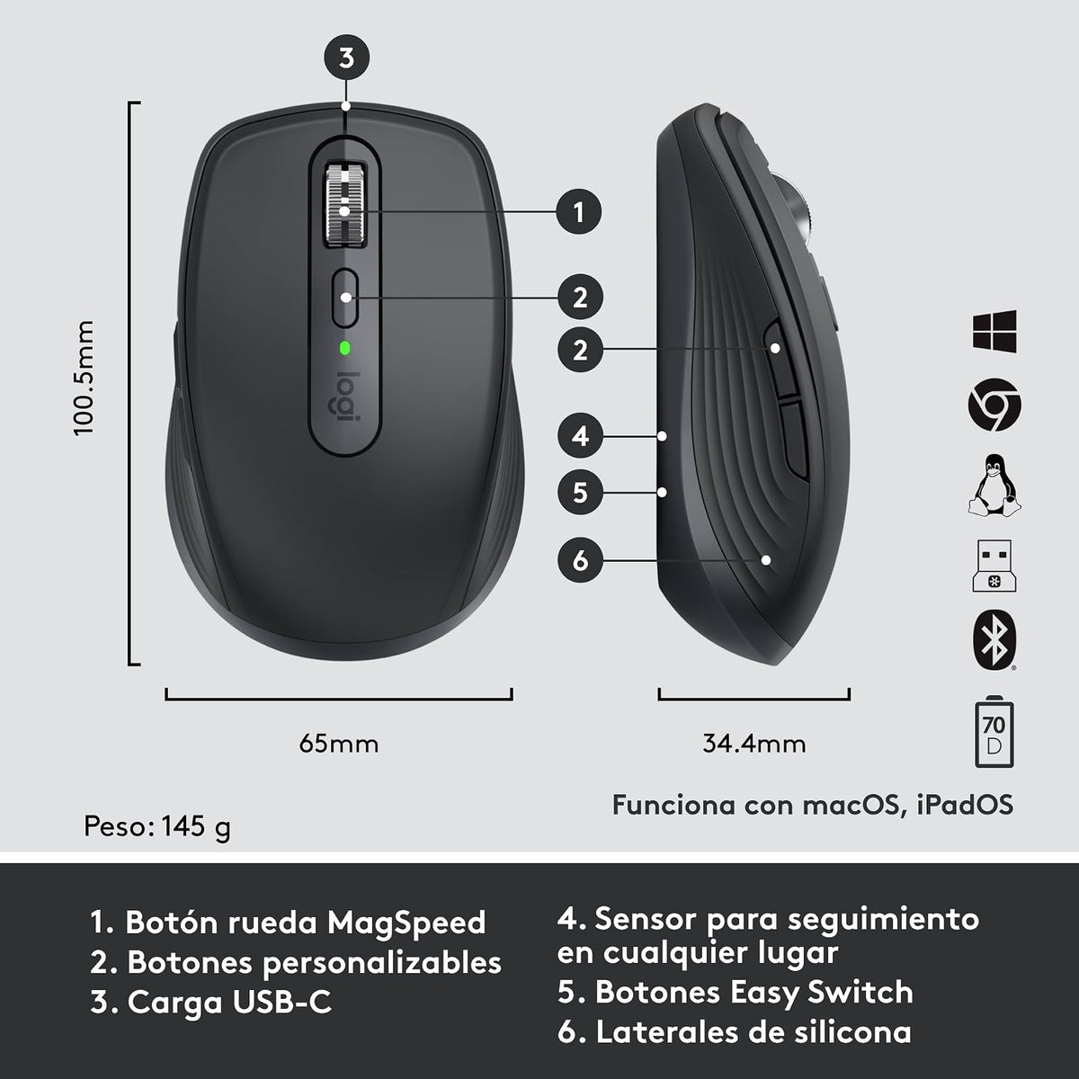Logitech MX Anywhere 3 for Business – Mouse inalámbrico, Compacto, Ultrarrápido, Seguimiento en Cualquier Superficie, Recargable, Tecnología Logi Bolt, Bluetooth, Windows/Mac/iPadOS - Grafito