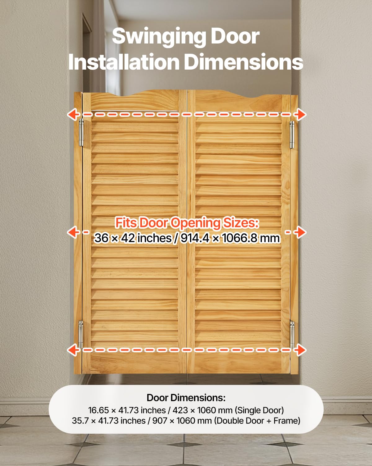 VEVOR - Puertas dobles de salón, 36 pulgadas de ancho x 42 pulgadas de alto, puertas de café con arco superior interior, madera de pino premium, con bisagras y kit de hardware, fácil de instalar, para