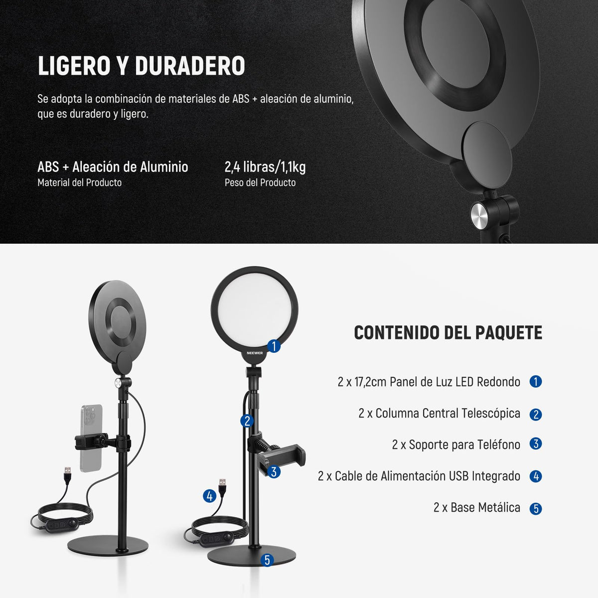 NEEWER BÁSICO Paquete de 2 7" Aro Luz Escritorio para Grabación, 10W Regulable Key Light Pantalla Completa con Soporte & Soporte Teléfono, Ideal para iPhone Laptop Vlog Streaming Videoconferencia,R06