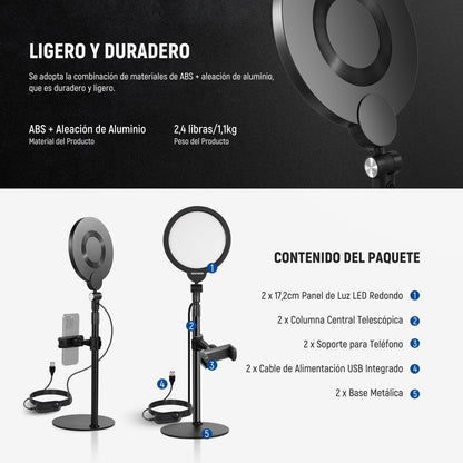 NEEWER BÁSICO Paquete de 2 7" Aro Luz Escritorio para Grabación, 10W Regulable Key Light Pantalla Completa con Soporte & Soporte Teléfono, Ideal para iPhone Laptop Vlog Streaming Videoconferencia,R06