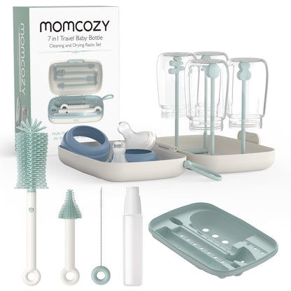 Momcozy Juego de Cepillos para Biberones, Kit de Limpieza 7 en 1 con Cepillo de Silicona, Chupones y Popotes, Dispensador de Jabón y Estante de Secado, para Casa y Viaje, Verde