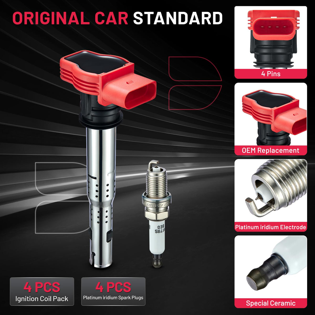 BDFHYK BD-05-07513-CK Bobina de Encendido UF529 y Bujías de Iridio para Audi A3/A4/A5/Q5/TT, VW 1.8L/2.0L L4/3.0L/3.2L V6