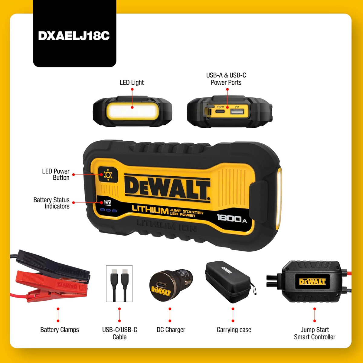 DEWALT DXAELJ18C 1800 Pico Amps Jump Starter | Ión de litio, alimentación USB, estuche de transporte