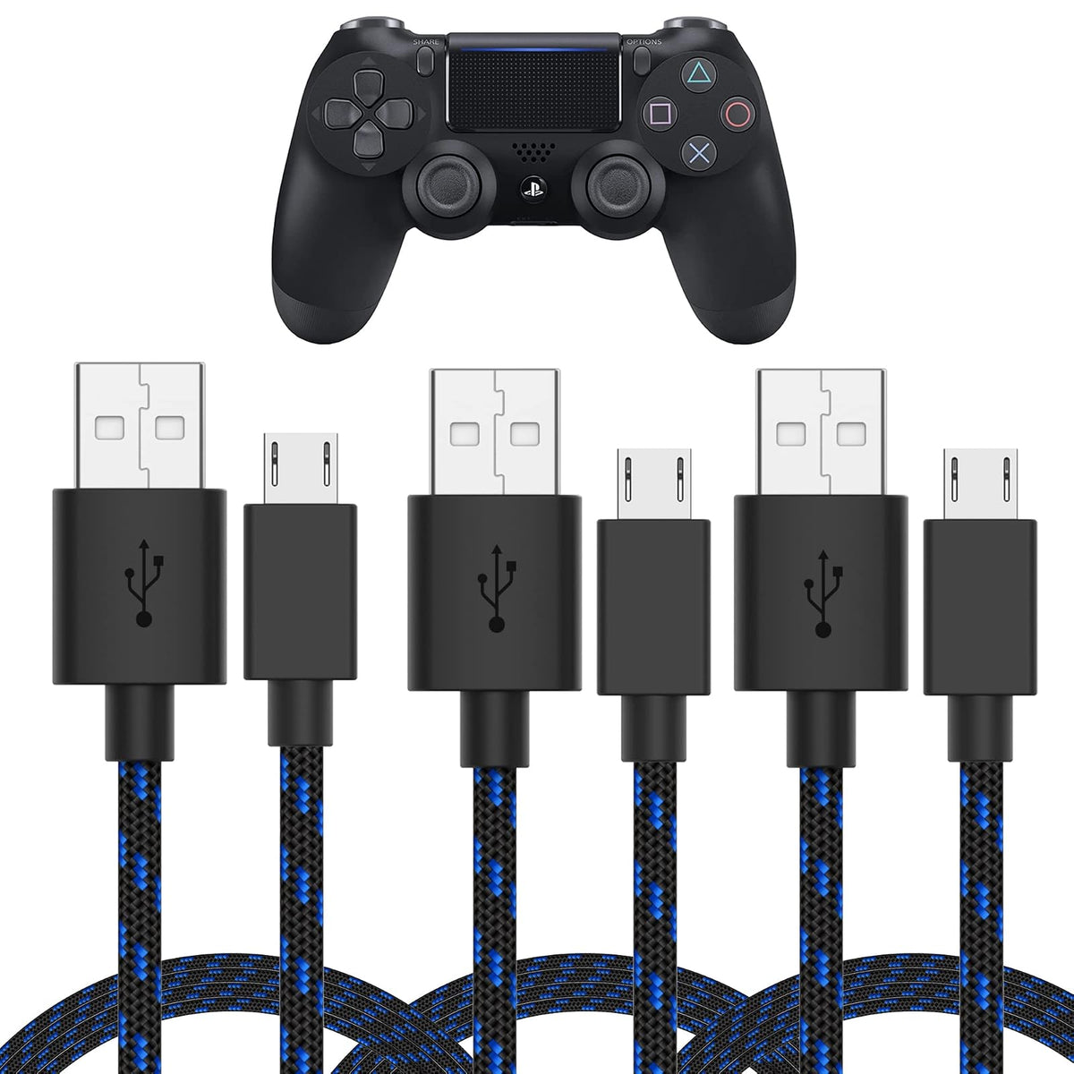 TalkWorks Cable de Carga Micro USB PlayStation 4 | 6 pies, negro, paquete de 3, carga rápida, cubierta trenzada
