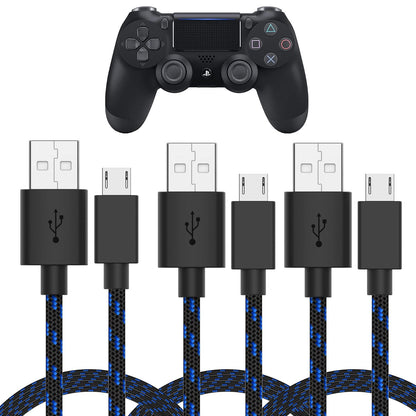 TalkWorks Cable de Carga Micro USB PlayStation 4 | 6 pies, negro, paquete de 3, carga rápida, cubierta trenzada