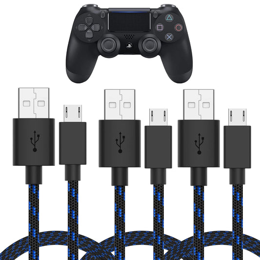 TalkWorks Cable de Carga Micro USB PlayStation 4 | 6 pies, negro, paquete de 3, carga rápida, cubierta trenzada