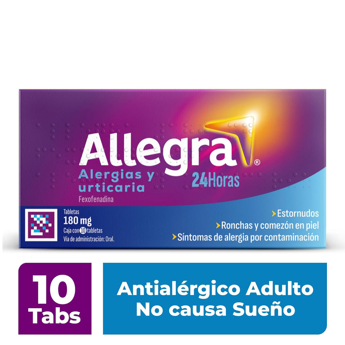 Allegra Antihistamínico para Alergias Severas y Urticaria 10 tabletas x 180 mg. Controla las Alergias Agraviadas por Contaminación. No Causa Sueño