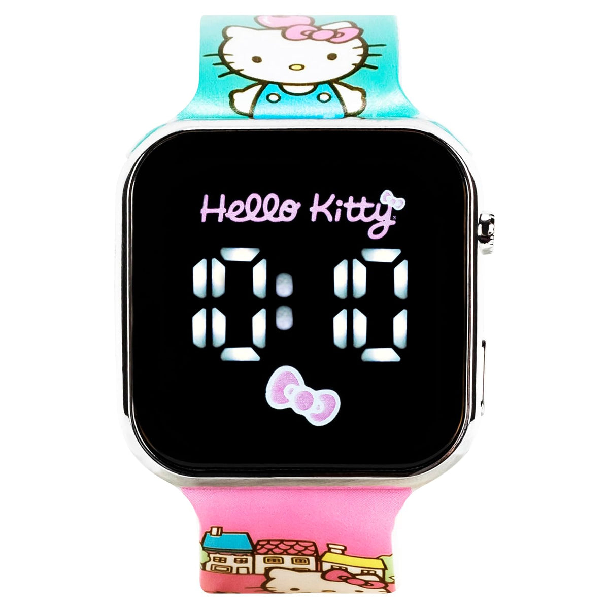 Accutime Hello Kitty - Reloj LED para niños, caja de plástico plateado, ilustraciones coloridas impresas, visualización LED blanca, correa de silicona suave, fácil de leer, ideal para niñas, mercancía