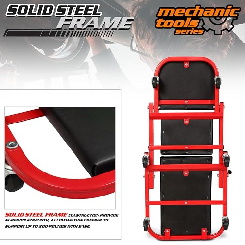 M-Auto Asiento Plegable de 40 Pulgadas, Silla de cochera Ajustable Todo en uno, para tumbarse o Sentarse, Capacidad de 330 Libras Debajo del Automóvil con 6 Ruedas giratorias, Rojo