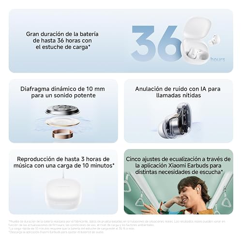 XIAOMI Redmi Buds 6 Play, Azul | Reproducción 36h, Reducción ruido IA, Driver de 10mm, 5 ecualizadores, Carga rápida en 10 minutos, Control táctil, IP54