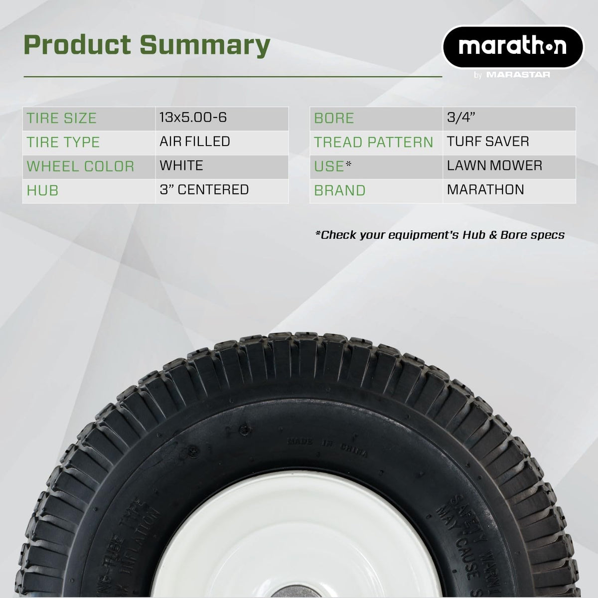 Marathon 13 x 5.00 - 6" (Relleno) en Rueda de neumático de Aire neumáticas, rodamientos de Eje DE 3", 3/4", Blanco, 13x5.00-6in