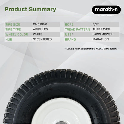 Marathon 13 x 5.00 - 6" (Relleno) en Rueda de neumático de Aire neumáticas, rodamientos de Eje DE 3", 3/4", Blanco, 13x5.00-6in