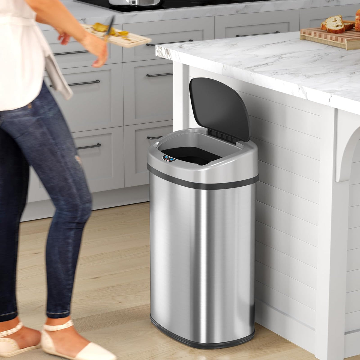 SensorCan - cubeta de basura de cocina de 50 litros/13 galones con adaptador de CA y kit de filtro de olor, cubeta de basura de acero inoxidable con sensor de movimiento para el hogar, oficina