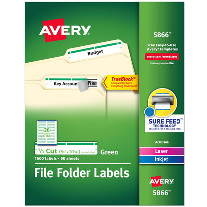 Avery Etiquetas verdes para carpetas de archivos para impresoras láser y de inyección de tinta con tecnología TrueBlock, 2/3" x 3-7/16", caja de 1500 (5866)
