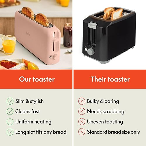 Bella tostador delgada de 2 rebanadas, se adapta a cualquier lugar™, control de sombra de 6 ajustes con botones de recalentamiento y cancelación, bandeja extraíble para migas, ranura de 10 pulgadas de
