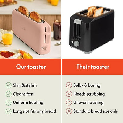 Bella tostador delgada de 2 rebanadas, se adapta a cualquier lugar™, control de sombra de 6 ajustes con botones de recalentamiento y cancelación, bandeja extraíble para migas, ranura de 10 pulgadas de