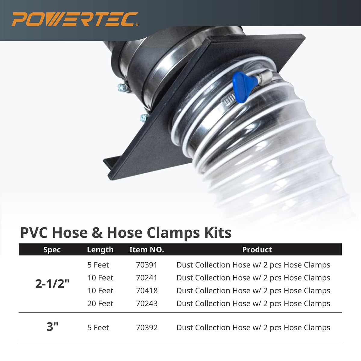 POWERTEC 70243 Heavy Duty 2-1/2-Inch x 20-Foot Flexible PVC Dust Collection Hose with 2 Key Hose Clamps, Clear Color
