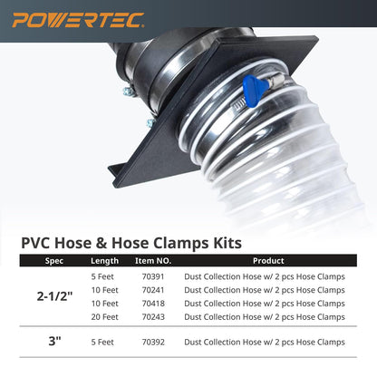 POWERTEC 70243 Heavy Duty 2-1/2-Inch x 20-Foot Flexible PVC Dust Collection Hose with 2 Key Hose Clamps, Clear Color