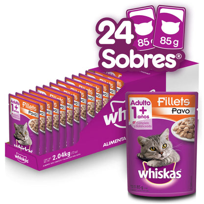 Whiskas Alimento Húmedo para Gatos, Sabor Filete Pescado Blanco, 85g c/u. Paquete de 24 Unidades + Alimento Húmedo para Gatos, Sabor Filetes De Pavo 85g c/u. Paquete de 24 Unidades