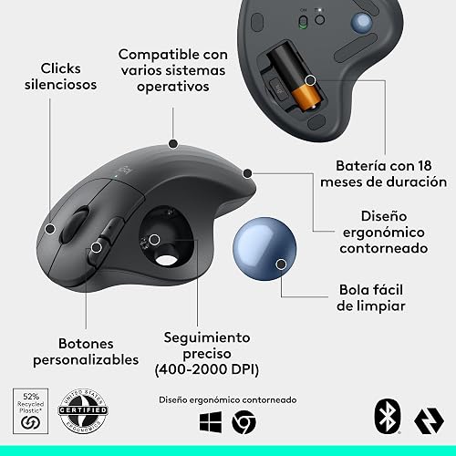 Logitech Ergo M575S Mouse inalámbrico con trackball, Mouse ergonómico inalámbrico con Bluetooth y dongle cifrado, Control cómodo con el Pulgar, Seguimiento preciso y Fluido, para PC/Mac - Grafito