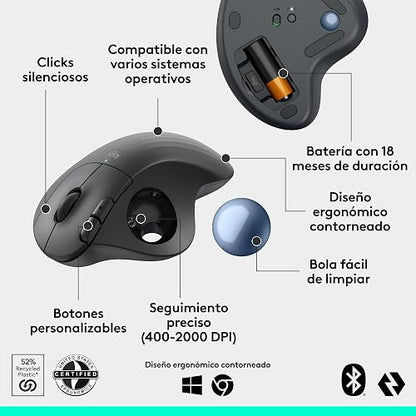 Logitech Ergo M575S Mouse inalámbrico con trackball, Mouse ergonómico inalámbrico con Bluetooth y dongle cifrado, Control cómodo con el Pulgar, Seguimiento preciso y Fluido, para PC/Mac - Grafito