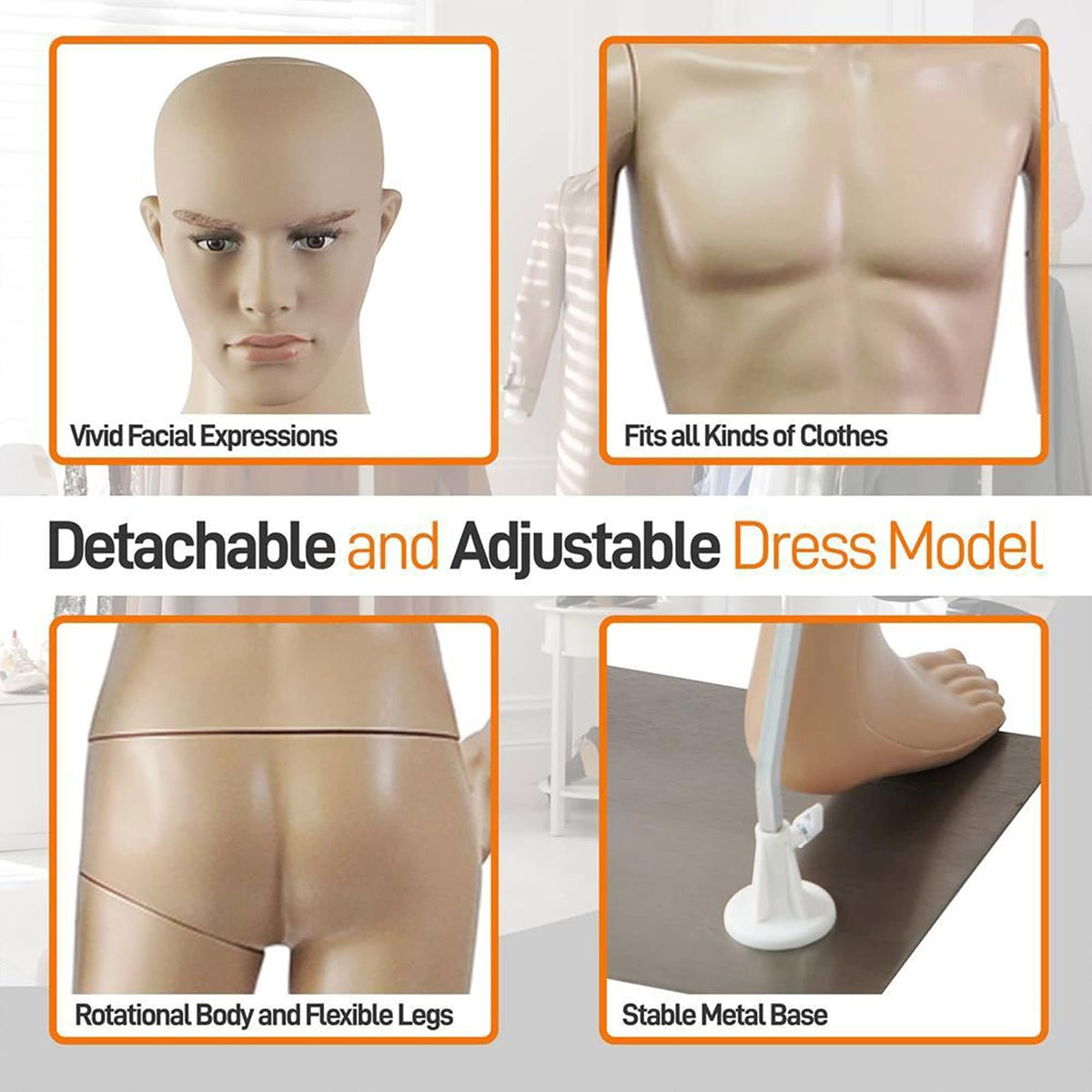 SereneLife Maniquí Masculino Completo de 185 cm con Cabeza Ajustable, Extremidades Flexibles. Diseño Desmontable con Soporte metálico, Ideal para Tiendas de Ropa, Boutiques, Exposiciones y Más