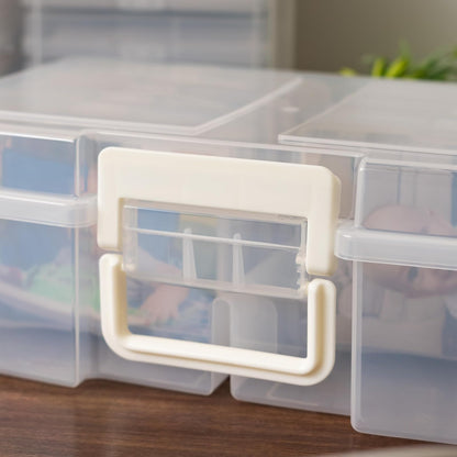IRIS USA Caja Organizadora para Fotos, 12 Estuches, 2 Piezas, Clara | Compatible con fotos 4"x6", asa integrada, organizador para tareas, calcomanías, recortes y tarjetas didácticas
