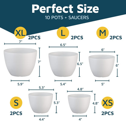 Lifemaster Eco Friendly Plant Pot Set - 10-Pack Home Decor Flower Indoor and Outdoor Plastic Pots with Drainage Holes, Assorted Sizes (7", 6.6", 6", 5.3", 4.8") - Stackable Garden Versatile Planters