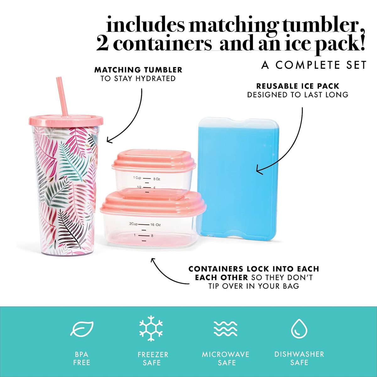 Fit & Fresh - Wichita - Lonchera térmica con bolsa lateral y asas de transporte, kit de almuerzo completo que incluye vaso a juego, 2 recipientes y paquete de hielo - Palma colorida