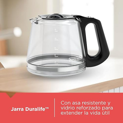Black+Decker Cafetera Programable 12 Tazas con Filtro Permanente, CM1110B | Panel digital para programar la hora de tu café con sistema de goteo Vortex y jarra de vidrio