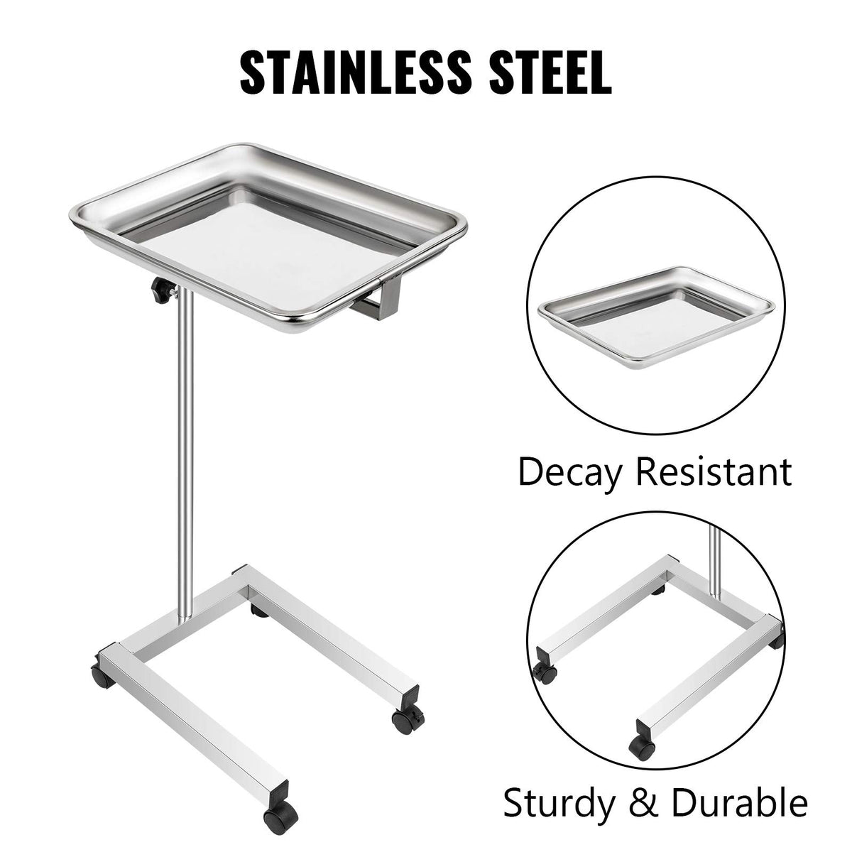 VEVOR Carro de laboratorio de acero inoxidable, carro médico móvil con bandeja extraíble de 45 x 35 cm y soporte para instrumentos médicos de altura ajustable, con 4 ruedas, para laboratorio y clínica