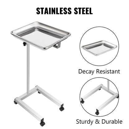 VEVOR Carro de laboratorio de acero inoxidable, carro médico móvil con bandeja extraíble de 45 x 35 cm y soporte para instrumentos médicos de altura ajustable, con 4 ruedas, para laboratorio y clínica