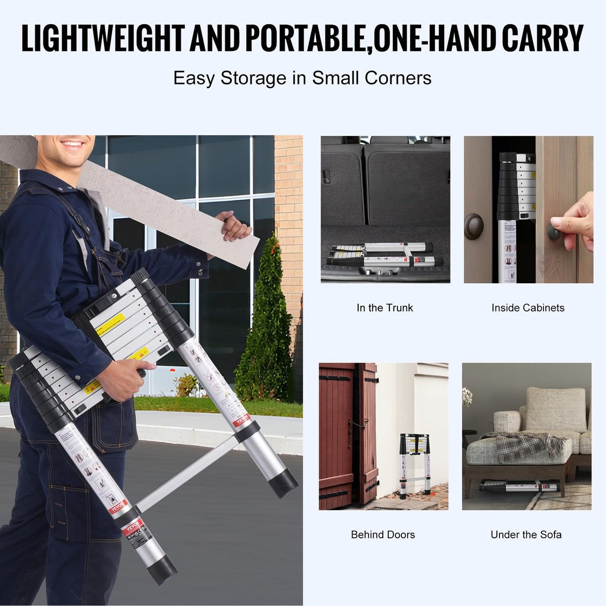 VEVOR Escalera Telescópica, Escalera Extensible Liviana Plegable de Aluminio con Retracción de un Botón, Capacidad de 170 kg con Pies Antideslizantes, para el Hogar, RV, Loft, 457 x 83 x 705 mm