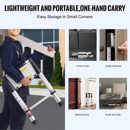 VEVOR Escalera Telescópica, Escalera Extensible Liviana Plegable de Aluminio con Retracción de un Botón, Capacidad de 170 kg con Pies Antideslizantes, para el Hogar, RV, Loft, 457 x 83 x 705 mm
