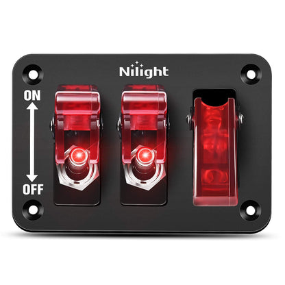 Nilight Panel de 3 Interruptores de Palanca 90133C, 12 V, con LED y Cubierta Abatible, SPST 3 Pines, Rojo - 3Gang 3Pin Toggle Switch Panel