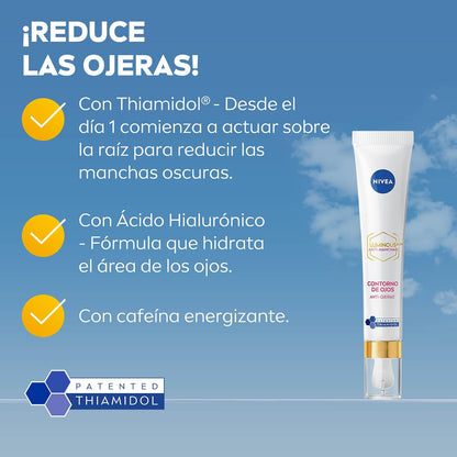 NIVEA Luminous630 Anti-Manchas Contorno de Ojos Anti-Ojeras (15 ml) - Enriquecido con Ácido Hialurónico y Cafeína para una Piel Luminosa sin Ojeras.